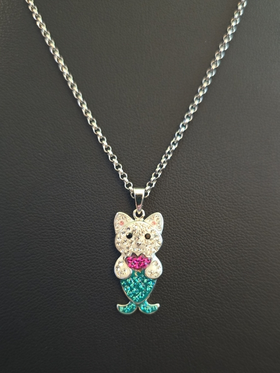 Kohl's Jewelry - Silver Cat Mermaid Pendant Necklace with Pink and Teal Crystals